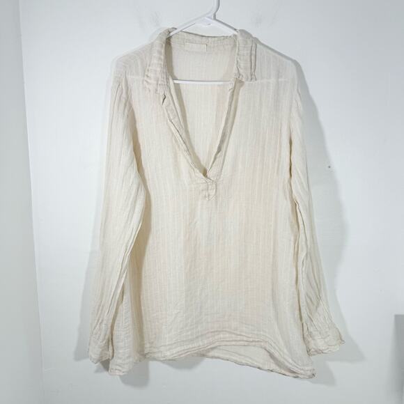 CP Shades Tan 100% Linen Stripe Long Sleeve Lagenlook V Neck Tunic Top Medium - Picture 2 of 15